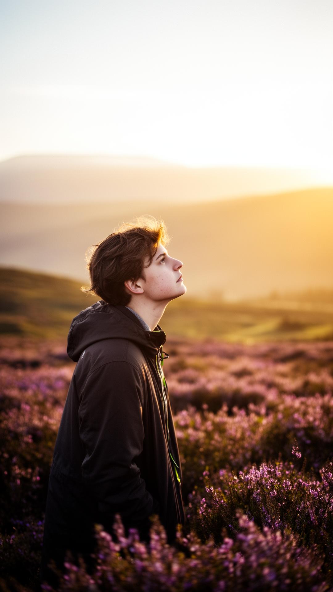A young person looking toward the horizon over Scottish heather hills at golden hour